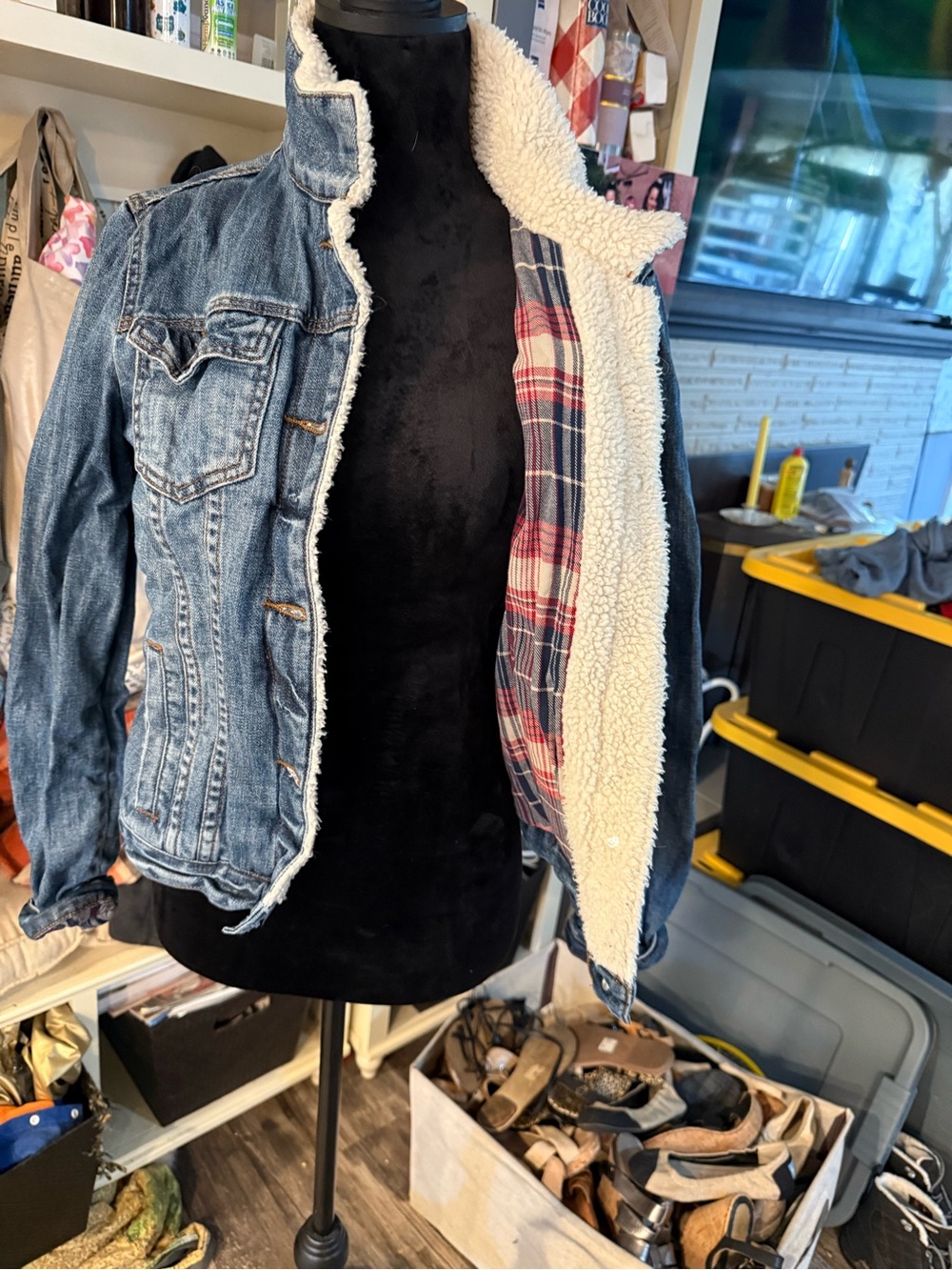 Thread & Supply Blue Denim Sherpa-Lined Jean Jacket with Plaid Lining